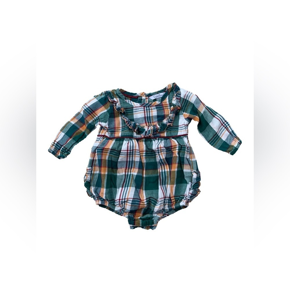 RuffleButts Size 6-12 Months Green, Gold and White Plaid Ruffle Bubble Romper